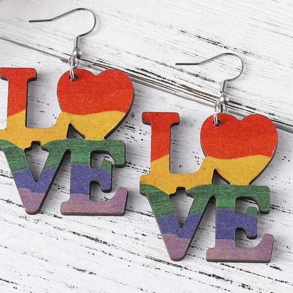 NEW Retro LOVE Rainbow Pride LGBTQ Wooden Earrings - Picture 1 of 2